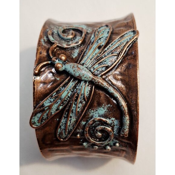 Copper Dragonfly Cuff Bracelet With Turquoise Patina Boho Artsy Festival - Picture 2 of 5